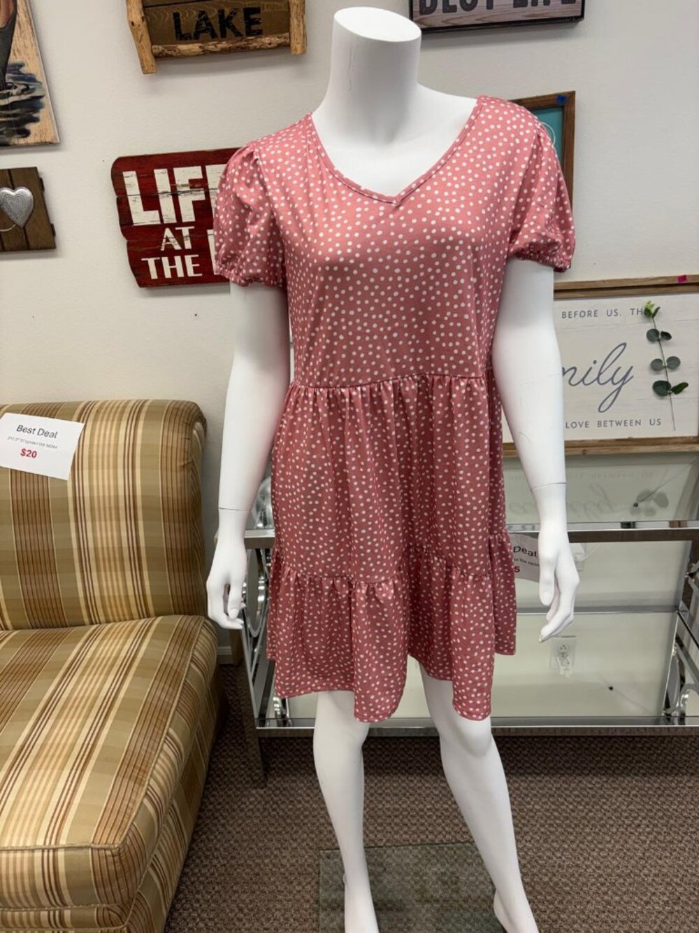 Pink Polka Dot Short Sleeve Tiered Dress